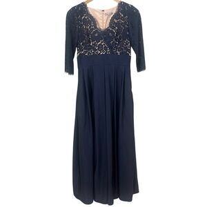 Eliza J Navy Blue Lace Overlay Pleated Maxi Dress Formal Evening Occasion Size 4